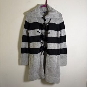 Gap Womens Grey Black Striped 100% Lambswool Toggle Longline‎ Cardigan Sweater M